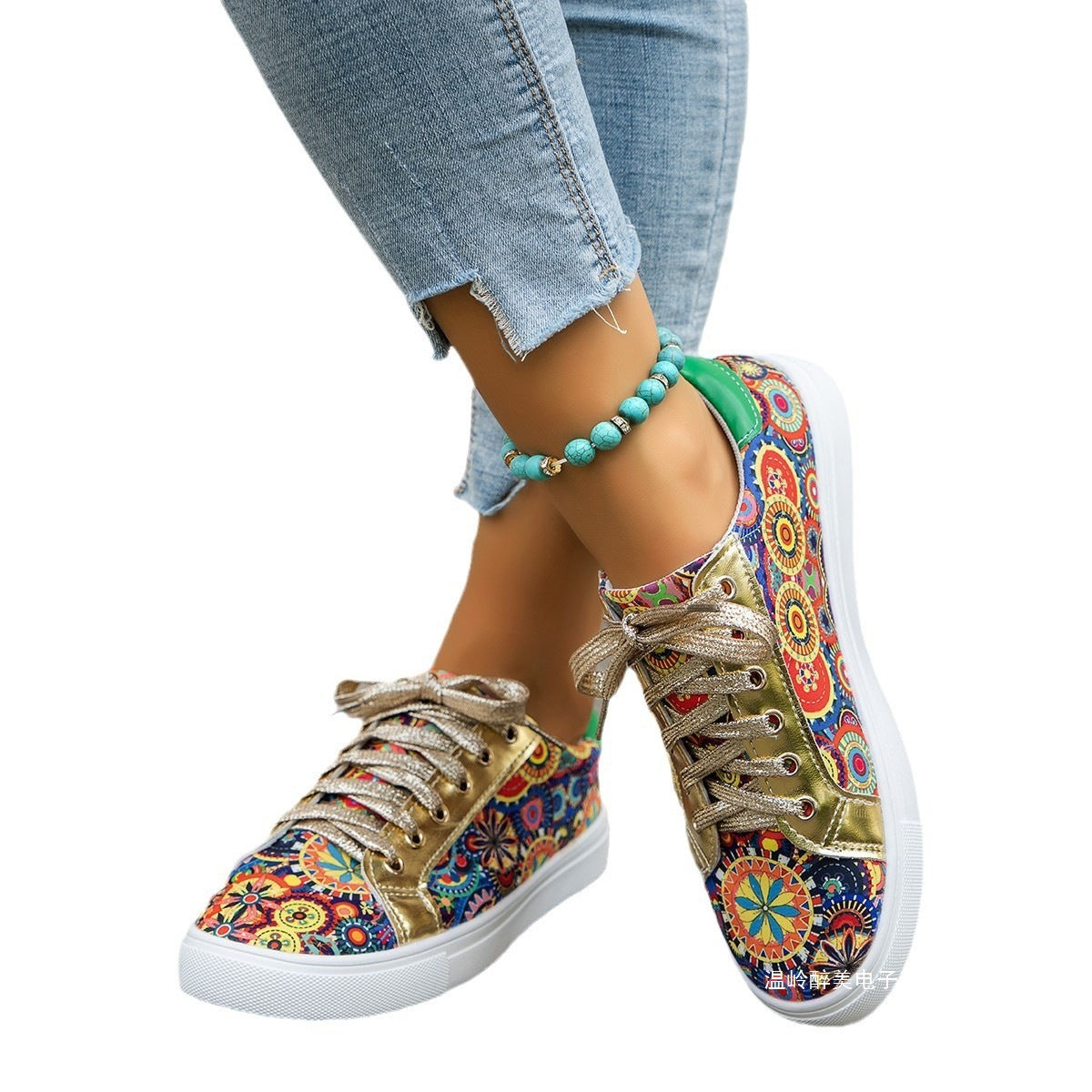 Damen Moderne Sneakers mit buntem Muster und glänzenden Schnürsenkeln R&B