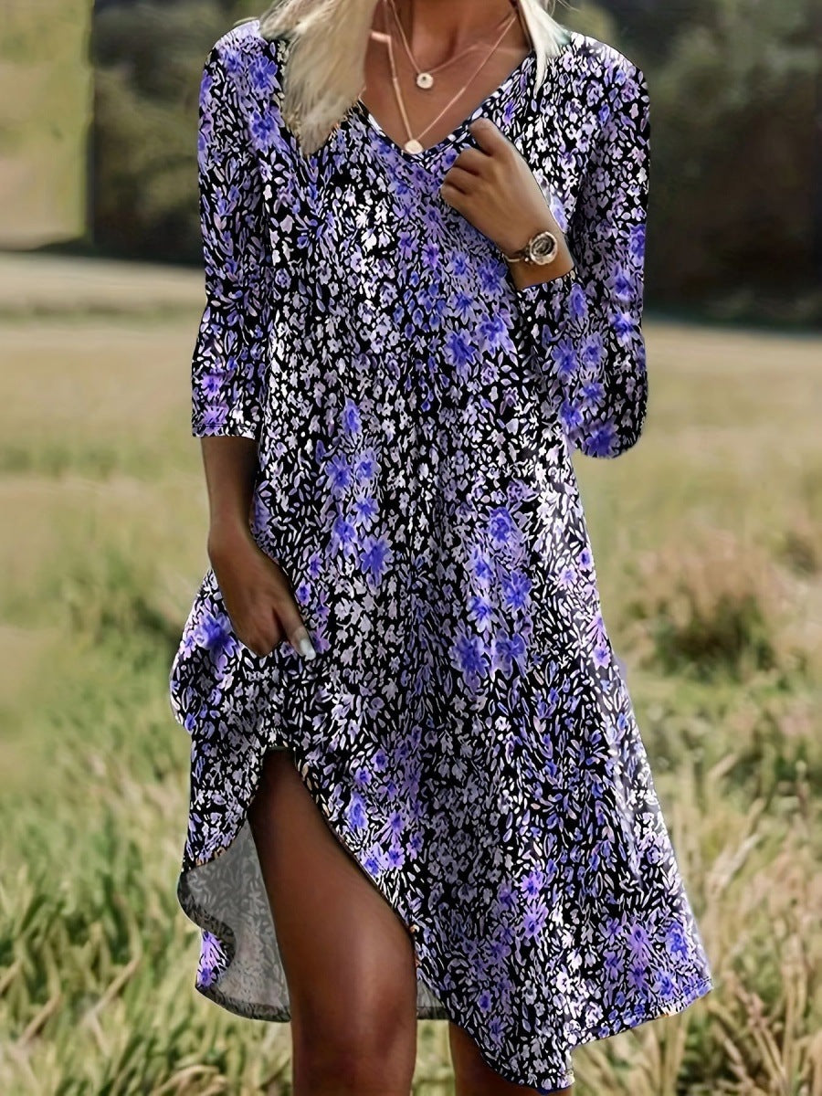 Damen Freizeitkleid mit modischem V-Ausschnitt und Seitenschlitz R&B