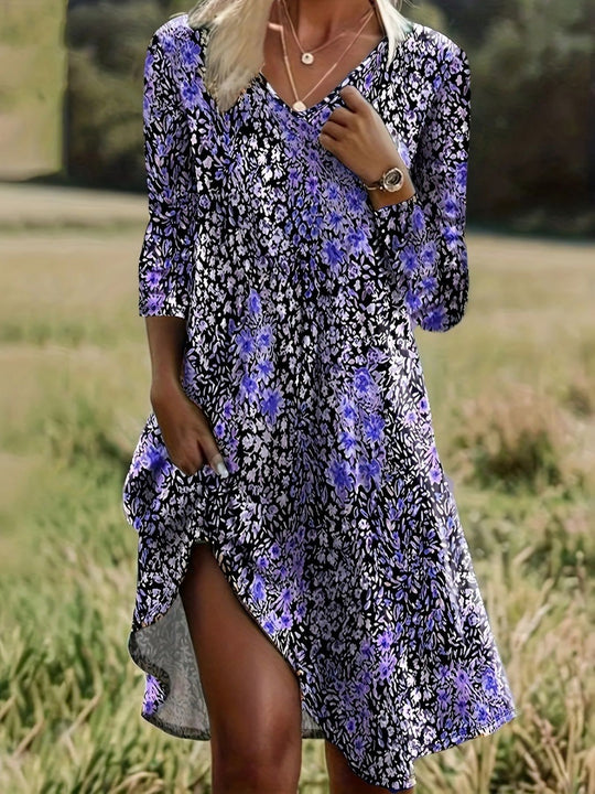 Damen Freizeitkleid mit modischem V-Ausschnitt und Seitenschlitz R&B