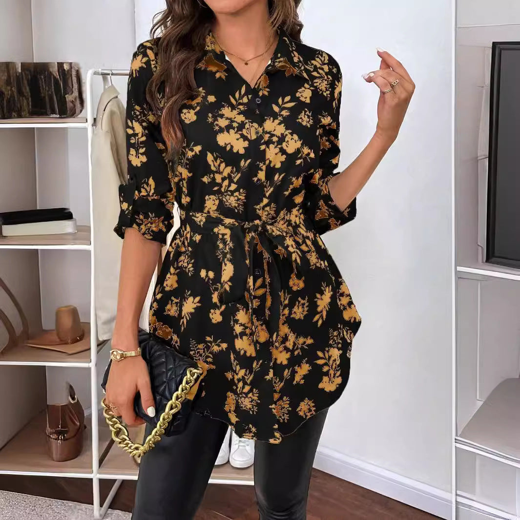 Damen lässige Bluse mit floralem Muster und Taillenknoten R&B