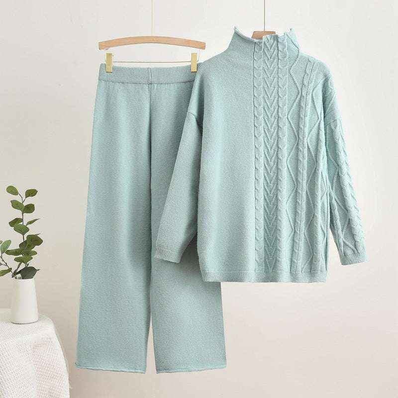 Damen gemütliches Strick-Loungewear-Set mit hochgeschlossenem Kragen R&B