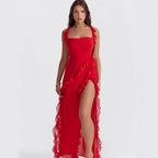 Damen asymmetrisches Maxi-Kleid mit Rüschendetails und hohem Schlitz R&B