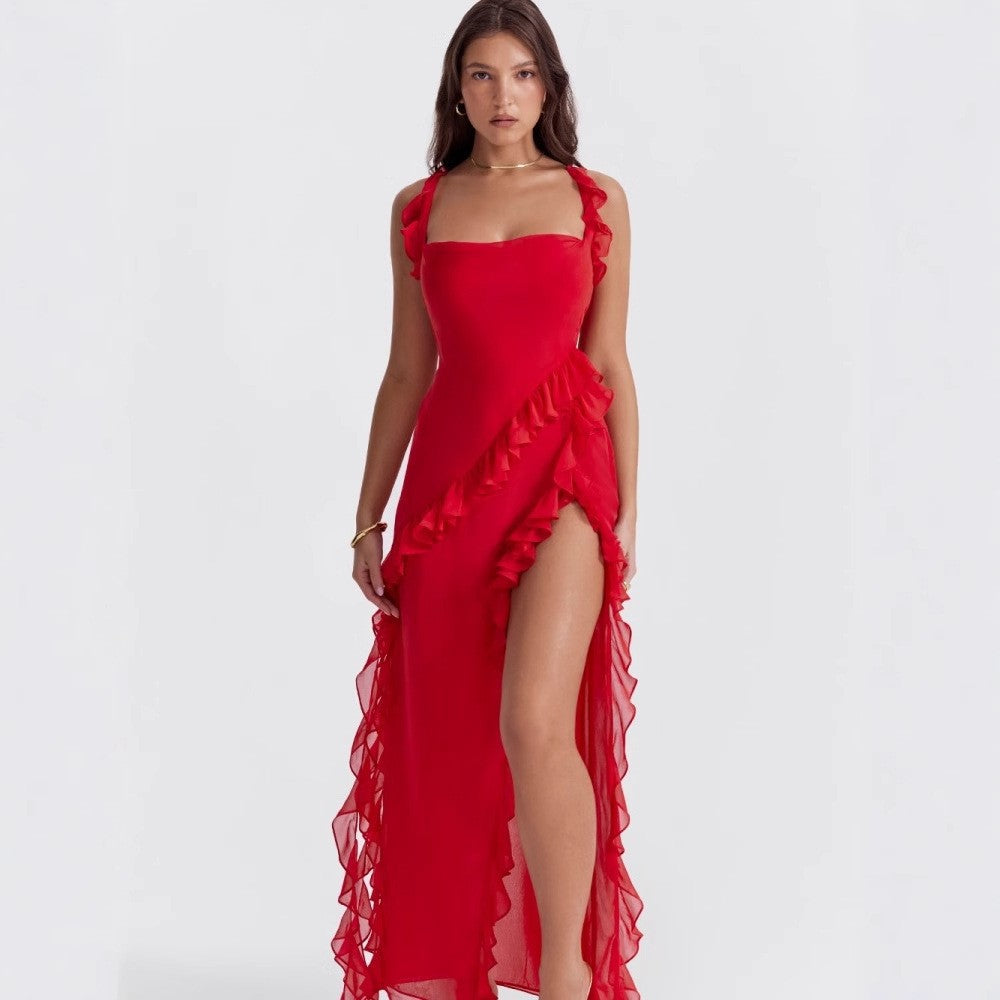Damen asymmetrisches Maxi-Kleid mit Rüschendetails und hohem Schlitz R&B
