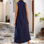 Damen elegantes Maxikleid mit schmalem Stehkragen und seitlichen Schlitzen R&B