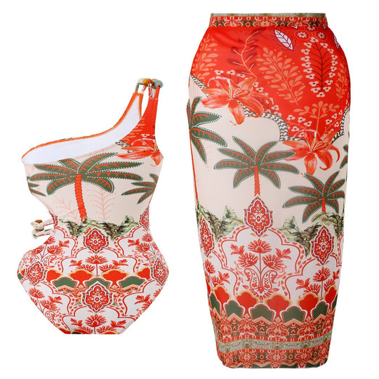 Damen Einteiler Badeanzug mit modischem Cut-Out und passendem Strandrock R&B