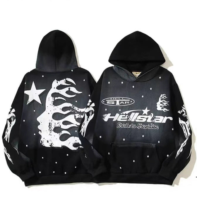 Unisex nan Oversize Kapuzenpullover mit großflächigem Flame- und Sternprint sowie Kängurutasche R&B