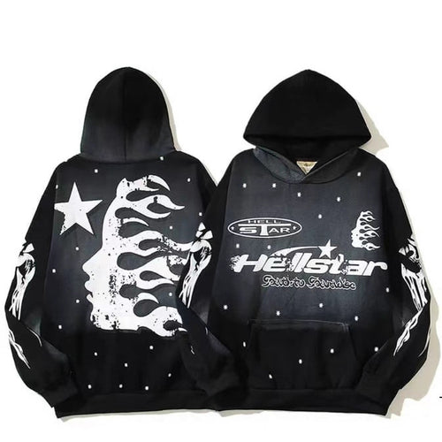 Unisex nan Oversize Kapuzenpullover mit großflächigem Flame- und Sternprint sowie Kängurutasche R&B