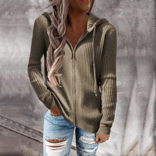 Damen nan gerippter Kapuzen-Zip-Hoodie mit halbem Reißverschluss und Kängurutaschen R&B
