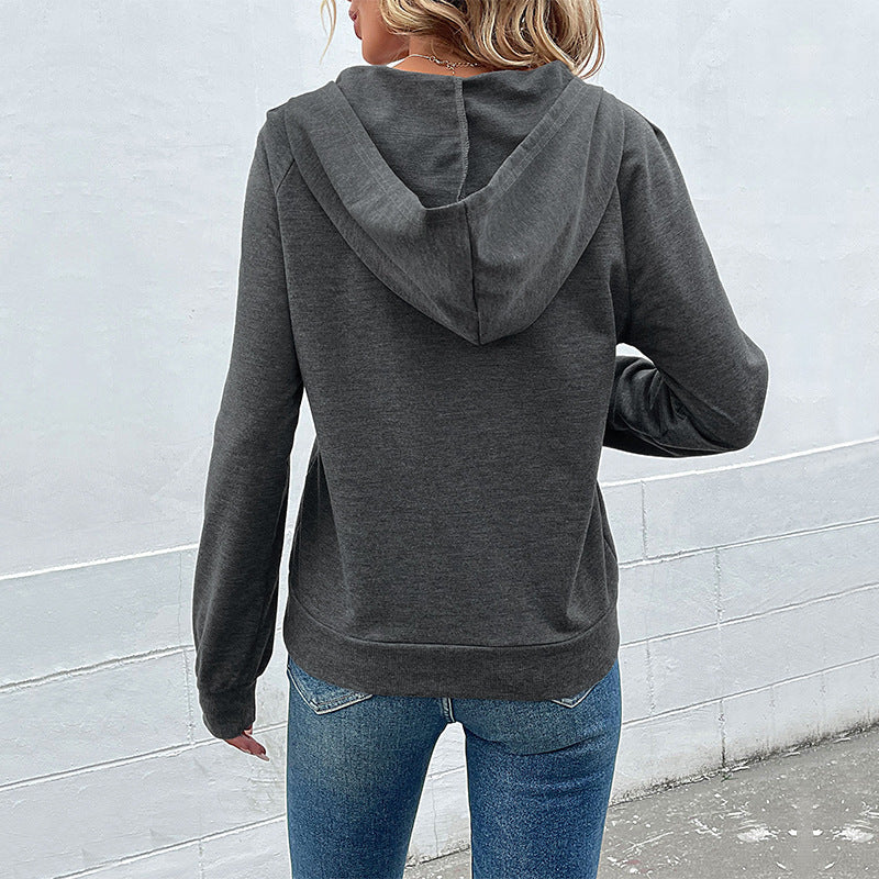 Damen lässiger Kapuzenpullover mit Knopfleiste und Raglanärmeln R&B