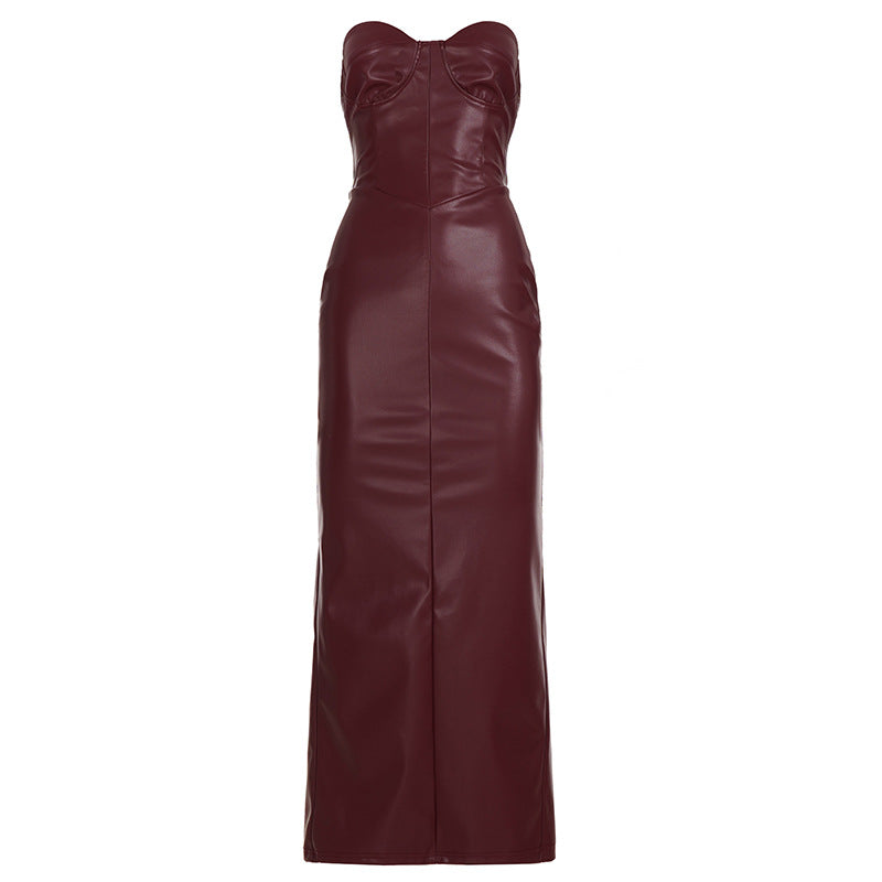 Damen figurbetontes Kunstlederkleid mit herzförmigem Ausschnitt und elegantem Schnitt R&B