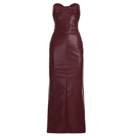 Damen figurbetontes Kunstlederkleid mit herzförmigem Ausschnitt und elegantem Schnitt R&B