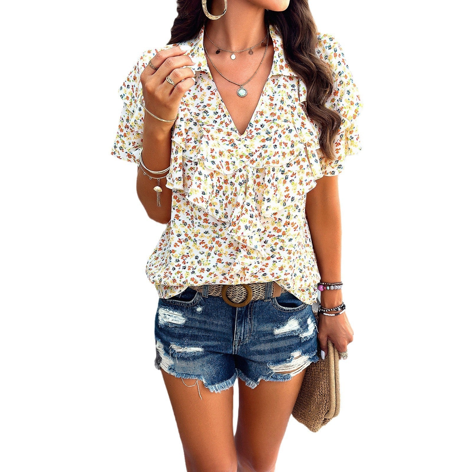 Damen Bluse mit voluminösen Rüschen und floralen Mustern R&B
