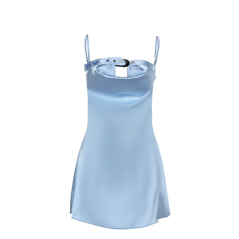 Damen elegantes Satin-Kleid mit verstellbaren Trägern und exklusivem Ausschnitt R&B