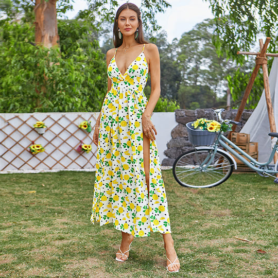 Damen Maxikleid mit tiefem V-Ausschnitt und hohem Beinschlitz R&B