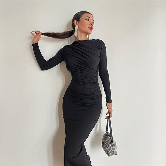 Damen figurbetontes Langarmkleid mit raffiniertem Drapierungseffekt R&B