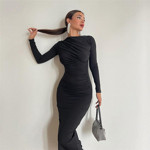Damen figurbetontes Langarmkleid mit raffiniertem Drapierungseffekt R&B
