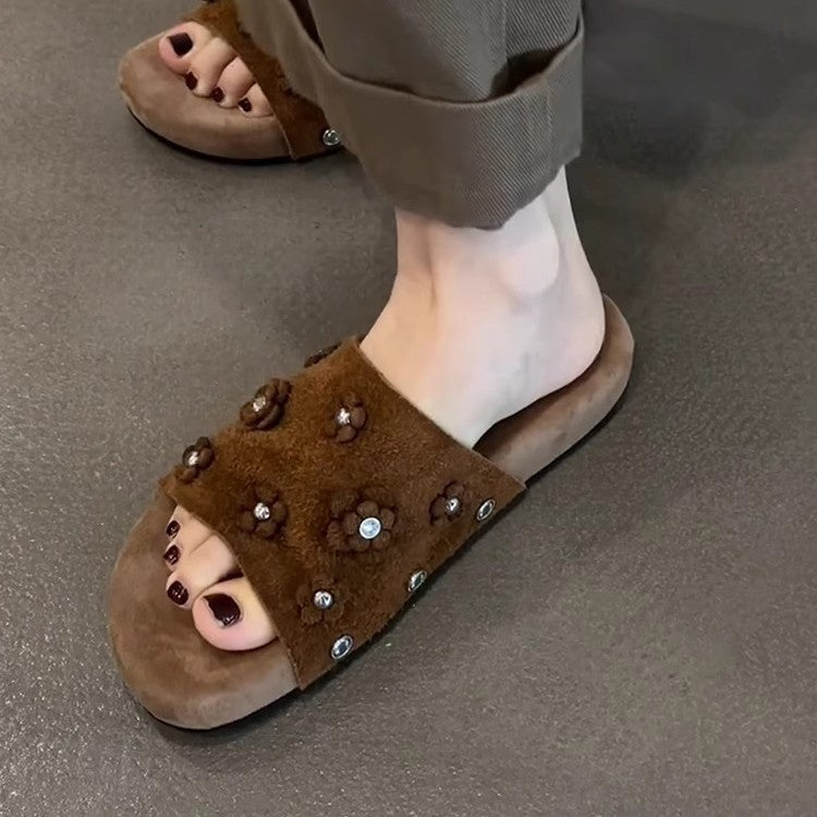 Damen modische Hausschläppchen mit floralen Applikationen und dekorativen Strasssteinen R&B