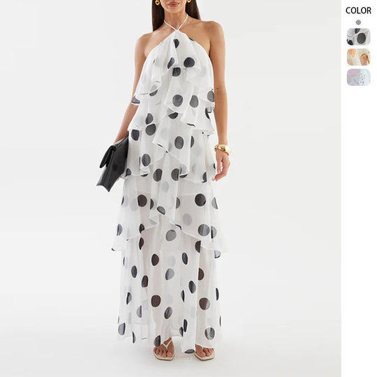 Damen Maxikleid mit schwingenden Volants und modernen Punkten R&B