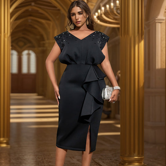 Damen elegantes Wickelkleid mit schimmernden Perlen und asymmetrischem Rüschensaum R&B