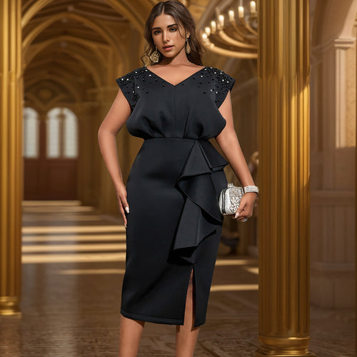 Damen elegantes Wickelkleid mit schimmernden Perlen und asymmetrischem Rüschensaum R&B