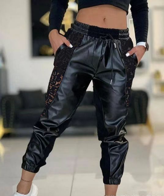 Damen Trendige Kunstleder Jogginghose mit Spitzenbesatz R&B