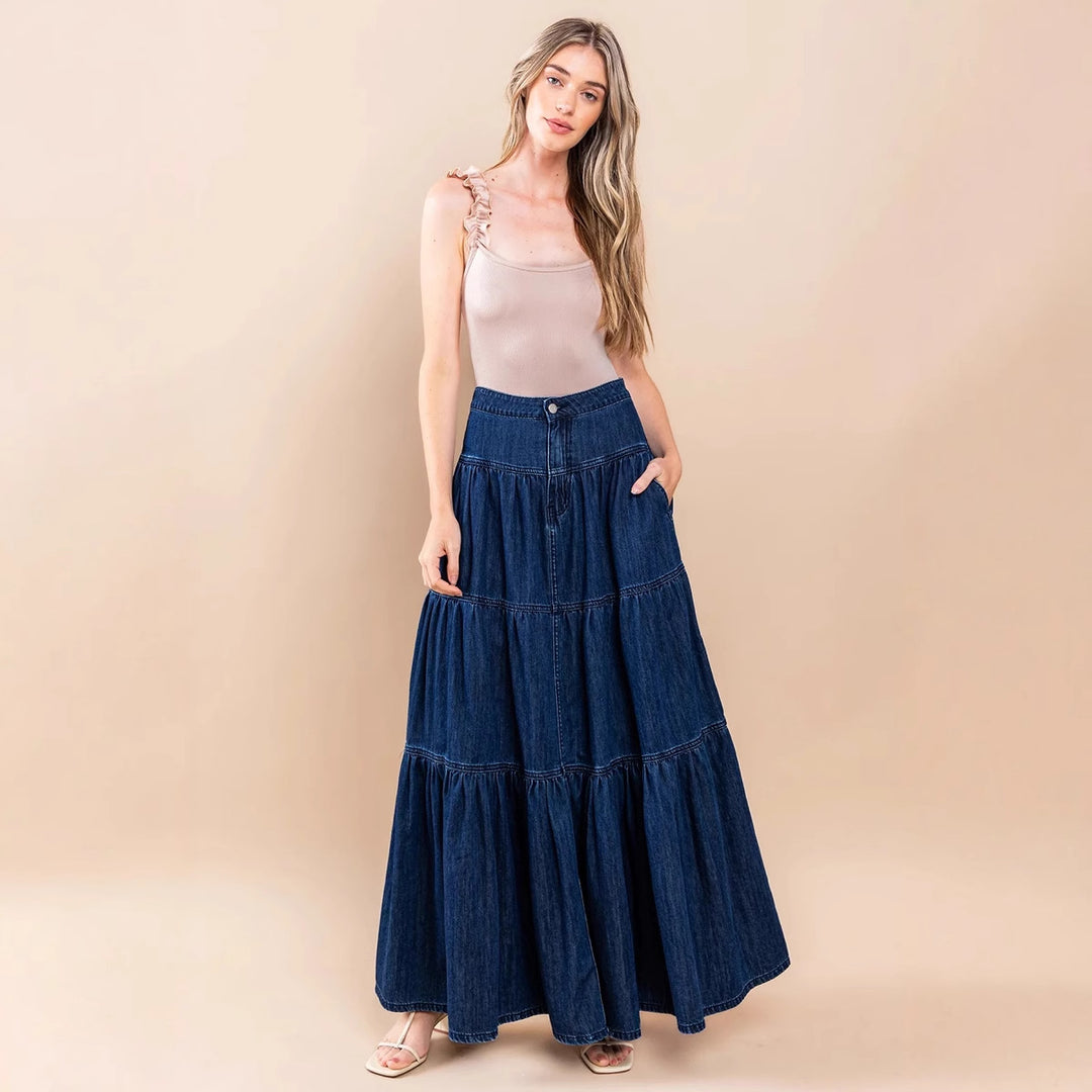 Damen Denim Maxikleid im Boho-Stil mit voluminösem Rock und Rüschen R&B