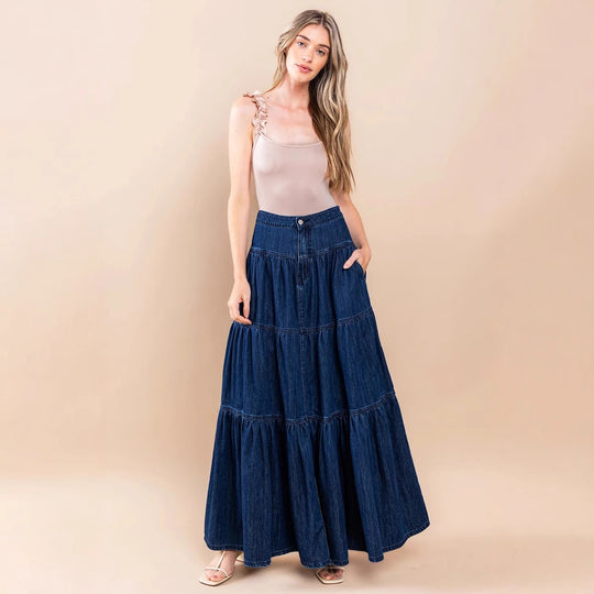 Damen Denim Maxikleid im Boho-Stil mit voluminösem Rock und Rüschen R&B