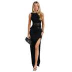 Damen Maxikleid mit raffiniertem Spitzeneinsatz und hohem Schlitz R&B