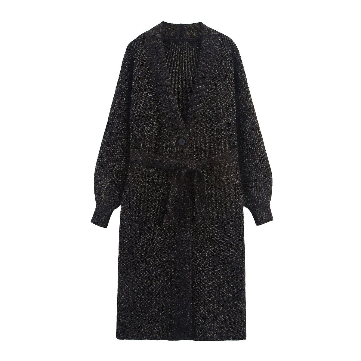 Damen Lange Strickjacke mit Gürtel und Taschen R&B