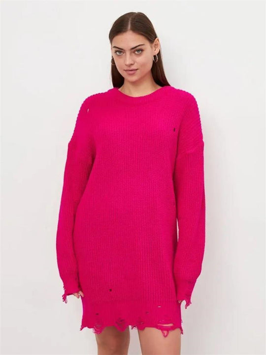 Damen Oversized Strickpullover mit einzigartigem Lochmuster und Rippenstruktur R&B