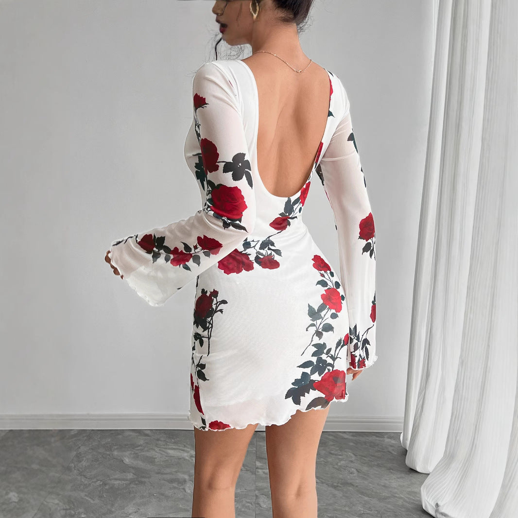 Damen nan figurbetontes Minikleid mit Rosenmuster und Trompetenärmeln R&B
