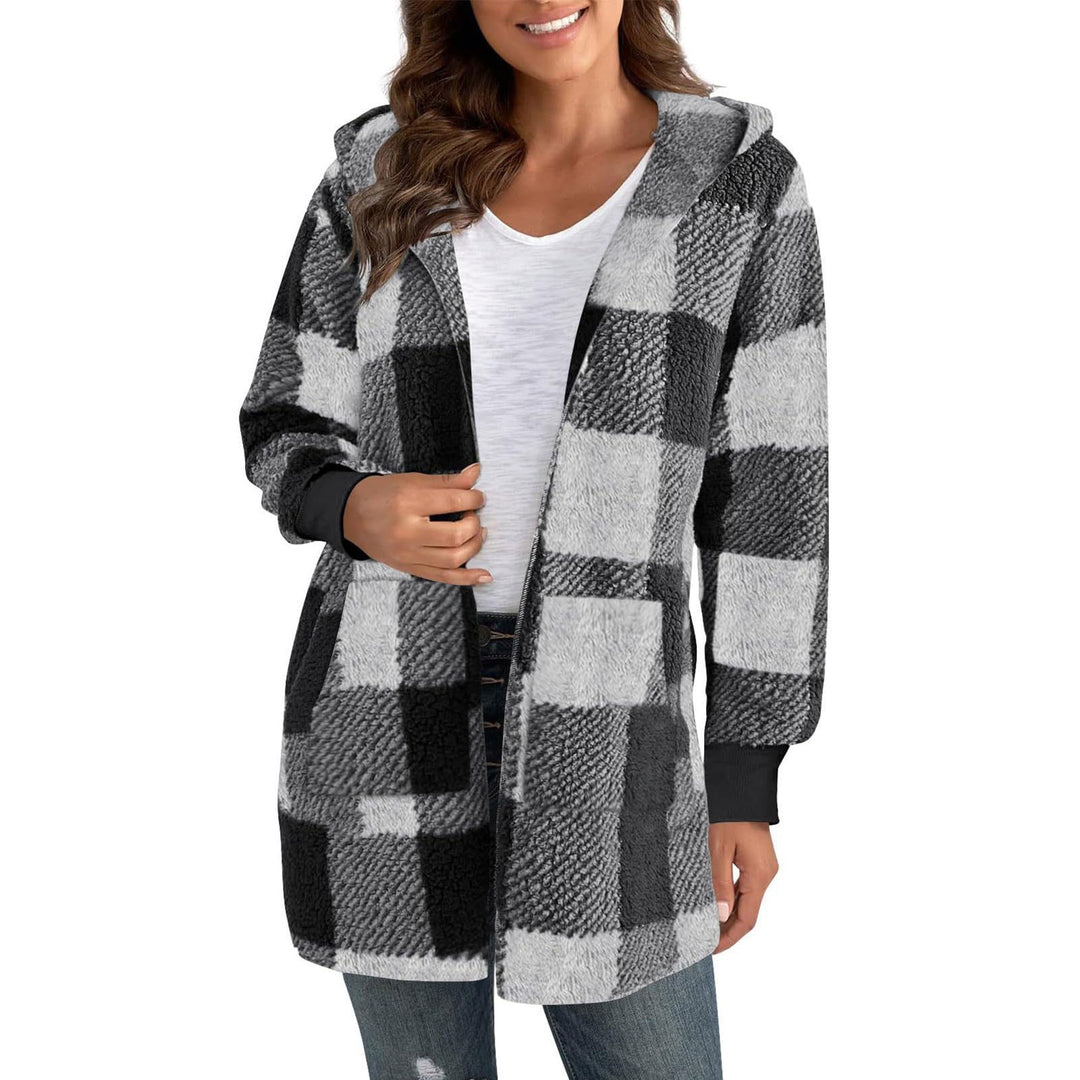 Damen Fleecejacke mit Karomuster und Kapuze R&B