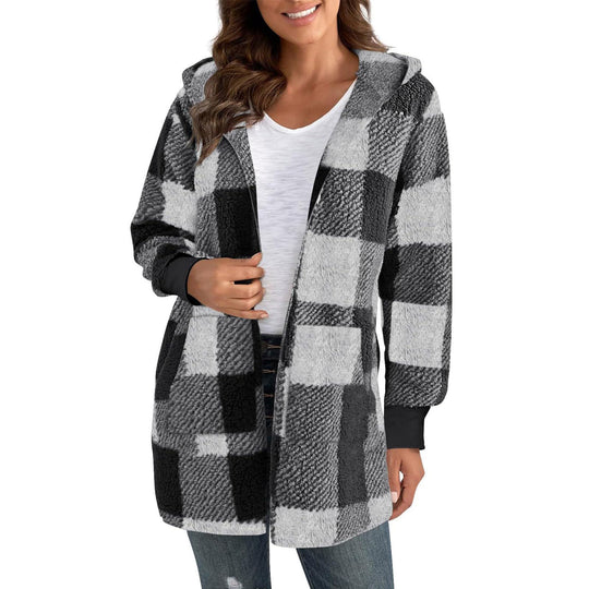 Damen Fleecejacke mit Karomuster und Kapuze R&B