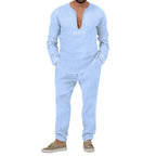 Herren lässiges Leinen-Outfit mit tiefem V-Ausschnitt und elastischem Bund R&B