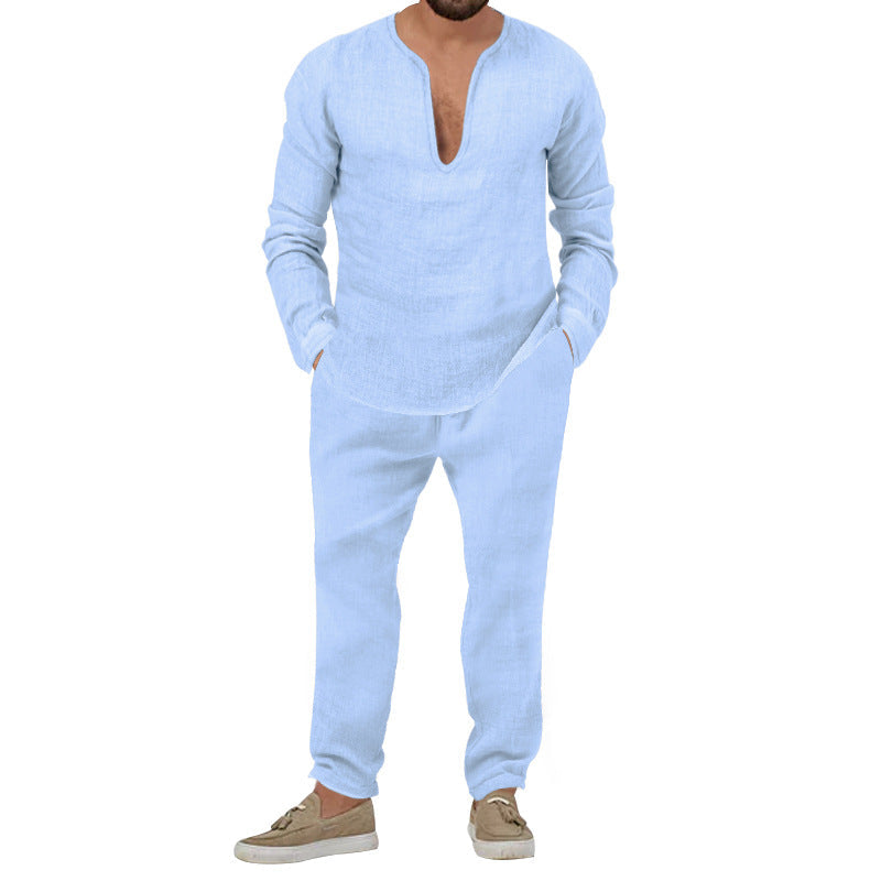 Herren lässiges Leinen-Outfit mit tiefem V-Ausschnitt und elastischem Bund R&B