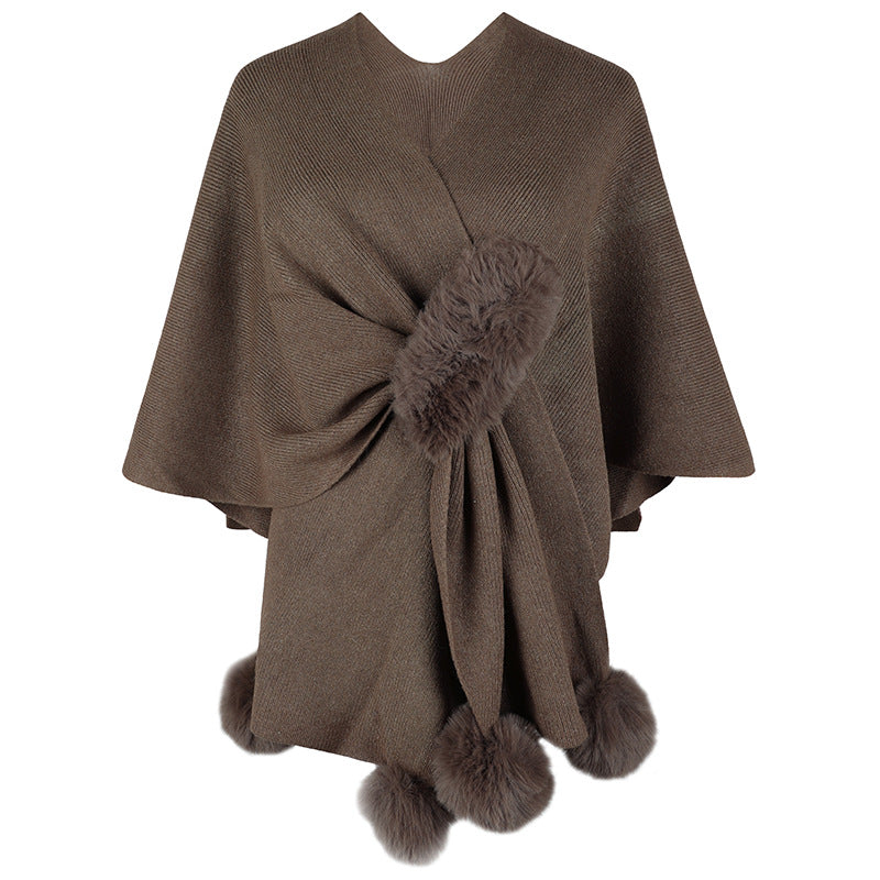 Damen eleganter Poncho mit luxuriösem Kunstfellbesatz R&B