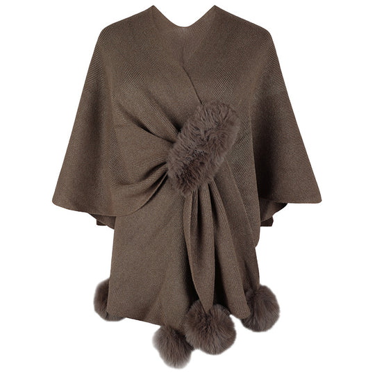 Damen eleganter Poncho mit luxuriösem Kunstfellbesatz R&B