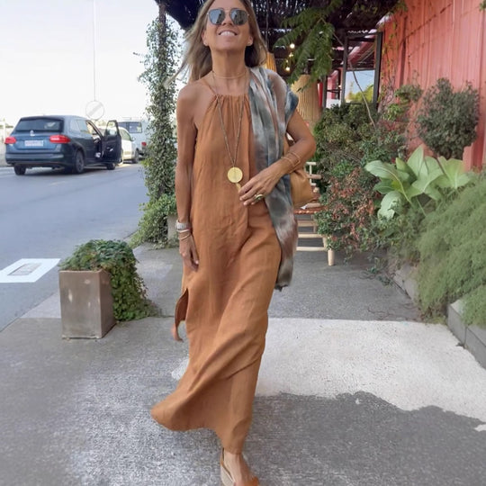 Damen Langes Leinenkleid mit schulterfreier Trägerkonstruktion und flirtendem Schlitz R&B