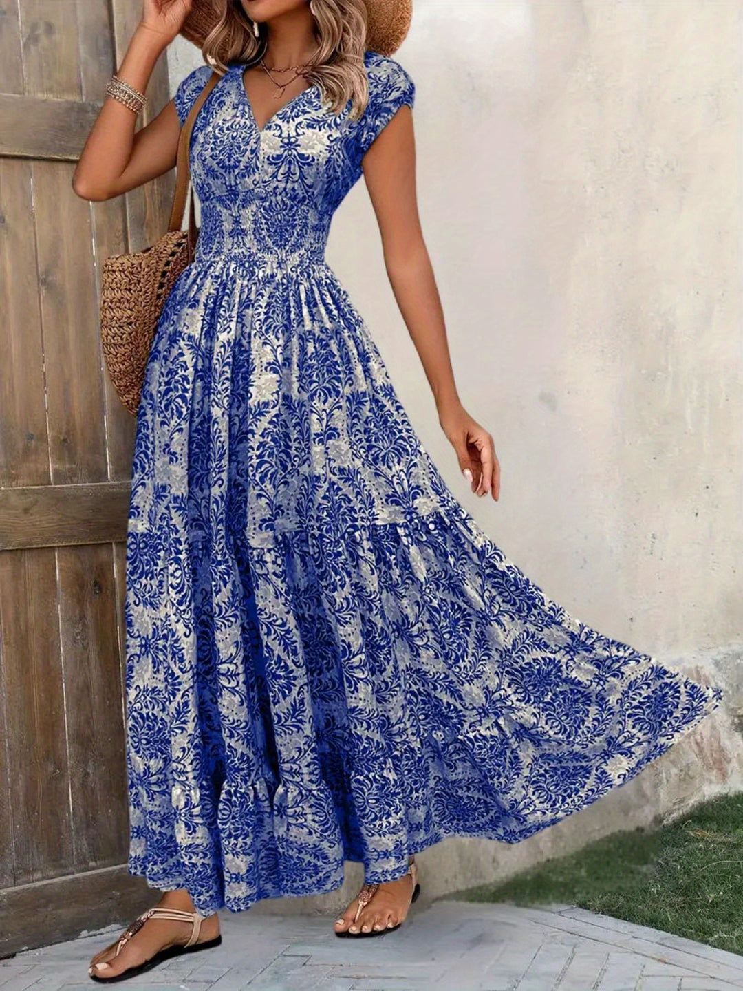 Damen Maxikleid mit romantischem Vintage-Muster und fließendem Schnitt R&B