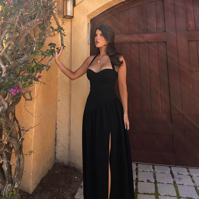 Damen schulterfreies Maxikleid mit raffiniertem Halterneck und fließendem Rock R&B