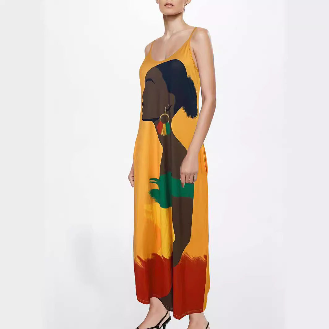 Damen Maxikleid mit künstlerischem Grafikdruck und tiefem V-Ausschnitt R&B