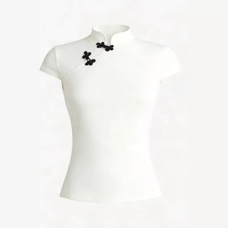 Damen Chinesisch inspirierte Bluse mit modernem Stehkragen und floralen Details R&B