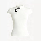 Damen Chinesisch inspirierte Bluse mit modernem Stehkragen und floralen Details