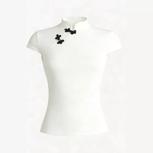 Damen Chinesisch inspirierte Bluse mit modernem Stehkragen und floralen Details R&B