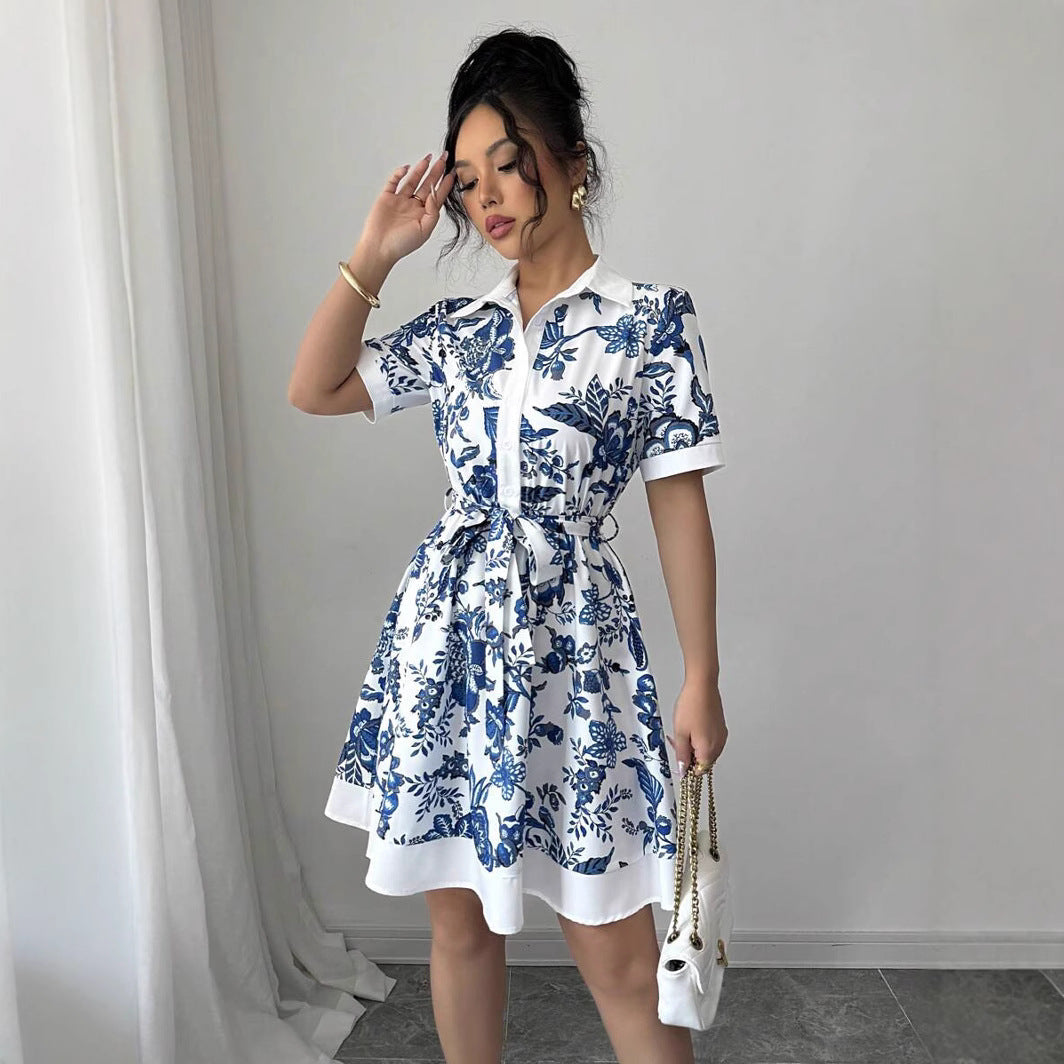 Damen Hemdblusenkleid mit floralen Mustern und Taillengürtel R&B