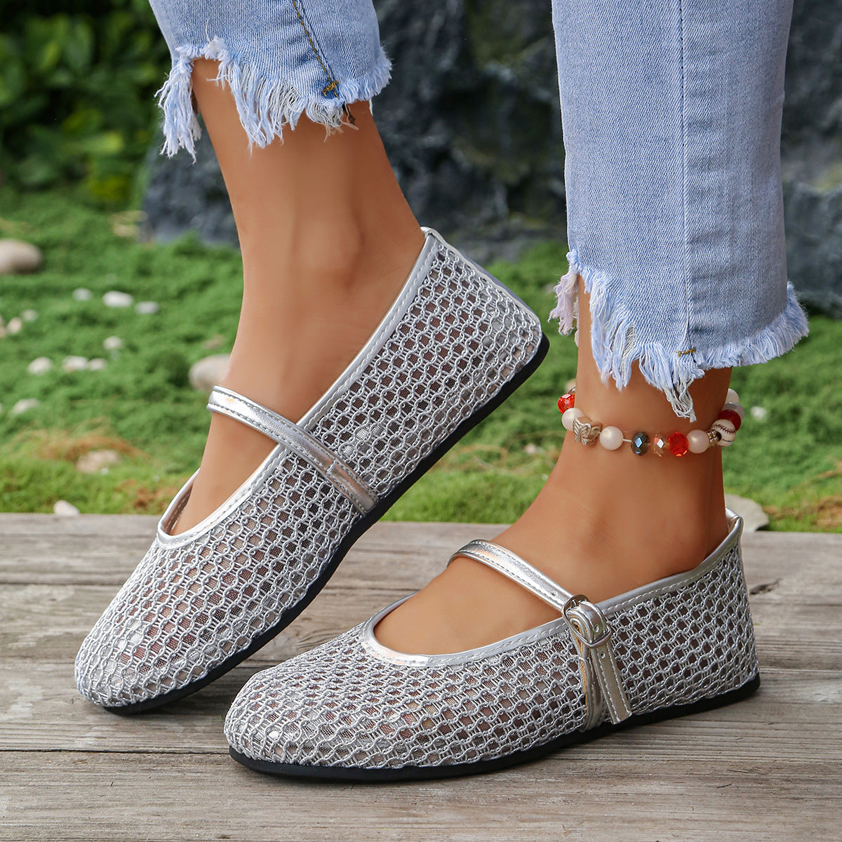 Damen Elegante Ballerinas mit modischem Netzdesign und dekorativer Schnallen-Applikation R&B