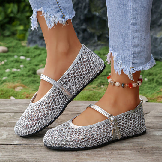 Damen Elegante Ballerinas mit modischem Netzdesign und dekorativer Schnallen-Applikation R&B