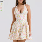 Damen kurzes Kleid mit verspieltem Blumenmuster und tiefem V-Ausschnitt R&B