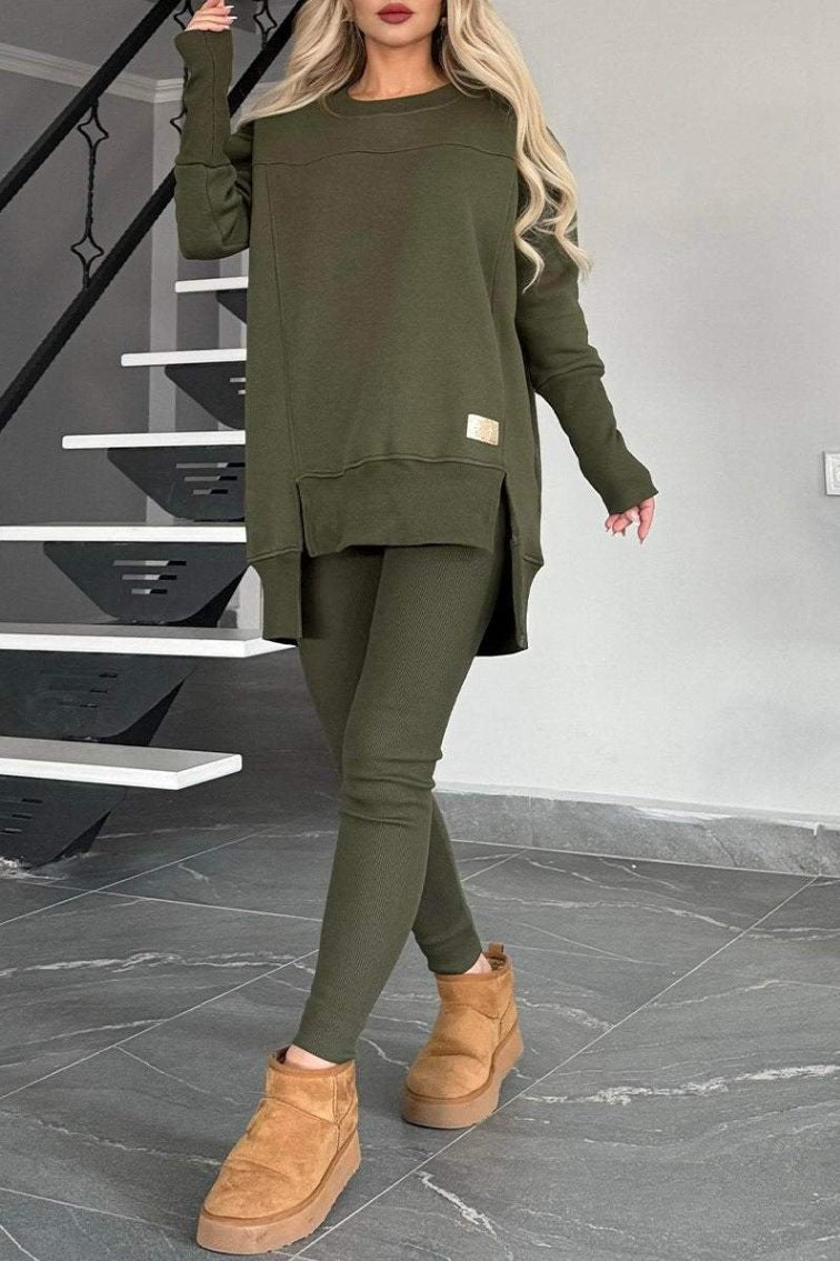 Damen Lässiges Langarm Sweatshirt-Set mit asymmetrischem Schnitt und praktischen Taschen R&B