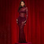 Damen Elegantes Spitzenkleid mit hohem Kragen und langem Ärmel R&B